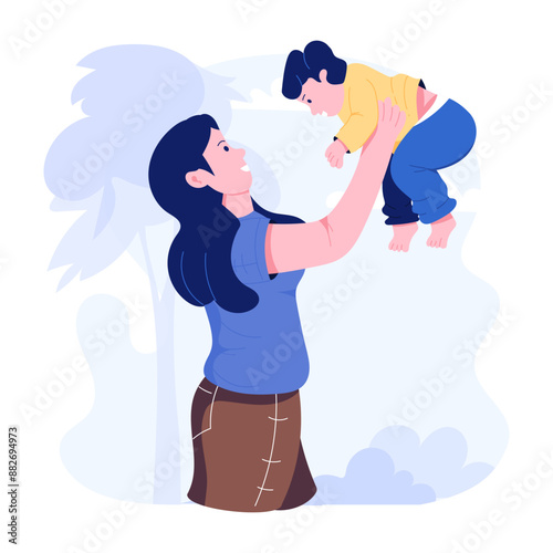 Mother and toddler playing, flat style illustration 