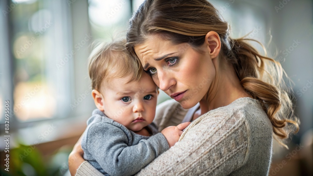 portrait with mother with small sick child holding in arms looking concerned portrait with mother with small sick child holding in arms looking concerned