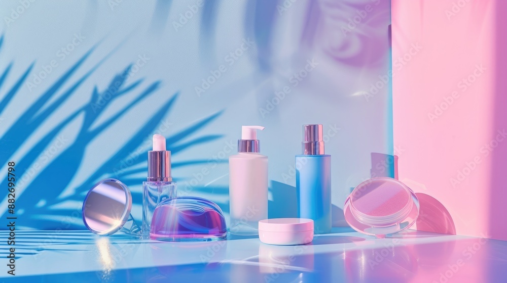 Cosmetic products displayed on a blue and pink backdrop Cosmetic products displayed on a blue and pink backdrop