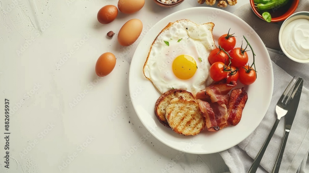 Complete English breakfast on white plate with cutlery on table Room for text Background Complete English breakfast on white plate with cutlery on table Room for text Background