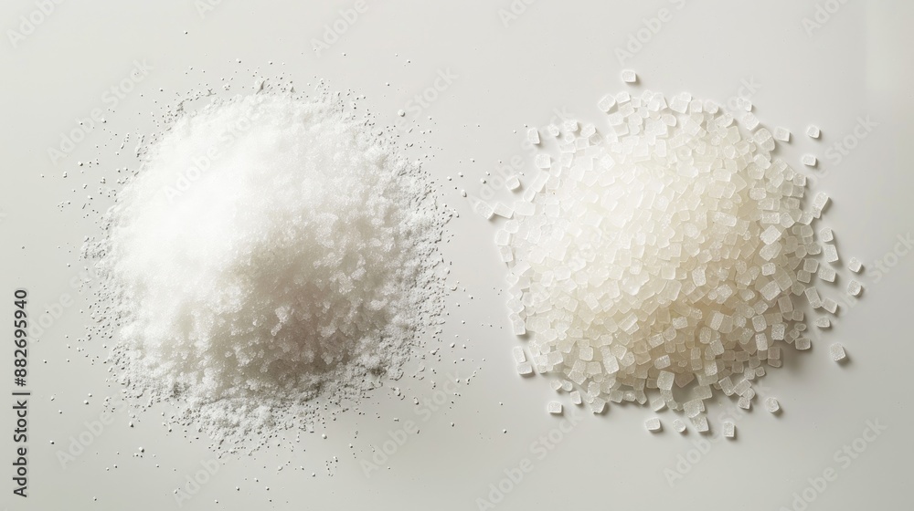Comparing pure aspartame and table sugar on white background Comparing pure aspartame and table sugar on white background