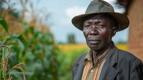 Farmer standing in a lush green field, wearing a hat and traditional attire, reflecting the hard work, dedication, and connection to the land in rural farming life