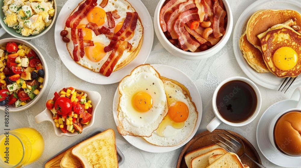 Complete Breakfast Spread with Fried Eggs Bacon Hash Browns Pancakes Toast Juice and Coffee Top View