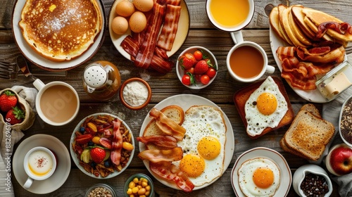 Complete Breakfast Spread with Fried Eggs Bacon Hash Browns Pancakes Toast Juice and Coffee Top View