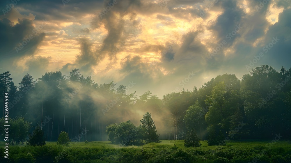 Countryside forest with cloudy sky covered by fire smoke during the evening. Countryside forest with cloudy sky covered by fire smoke during the evening.