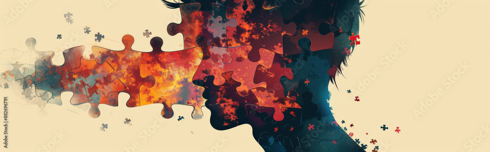 human silhouette composed of puzzle pieces, with some pieces missing or ...