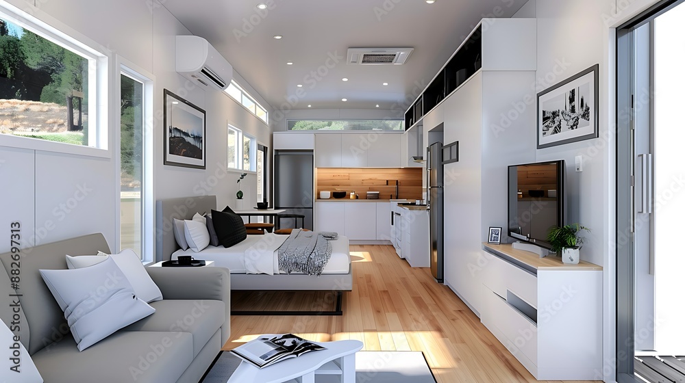 Modern tiny house floor plan semi close-up, showcasing open concept ...