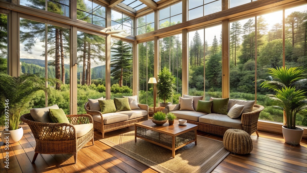 Cozy sunroom interior with natural rattan furniture, lush greenery, and expansive windows overlooking a serene forest landscape backdrop. Cozy sunroom interior with natural rattan furniture, lush greenery, and expansive windows overlooking a serene forest landscape backdrop.