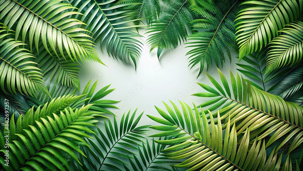 Digitally illustrated scene with layers of fern and palm fronds overlaying each other, tropical, foliage, greenery Digitally illustrated scene with layers of fern and palm fronds overlaying each other, tropical, foliage, greenery