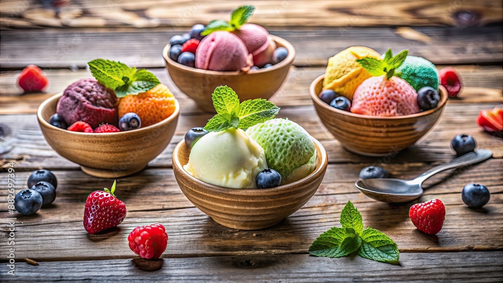 Elegant presentation of ice cream scoops in bowls with fresh fruits and mint leaves on rustic wooden table, ice cream Elegant presentation of ice cream scoops in bowls with fresh fruits and mint leaves on rustic wooden table, ice cream