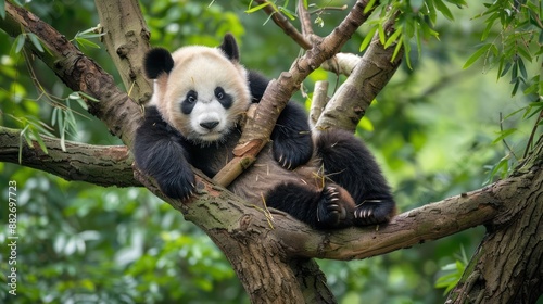 Playful Giant Panda Resting on Tree Branch  © robfolio