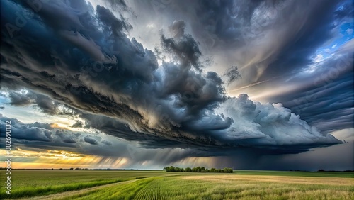 Dark storm clouds hovering over a vast field before unleashing a downburst of rain , storm, clouds, field, downburst, rain photo