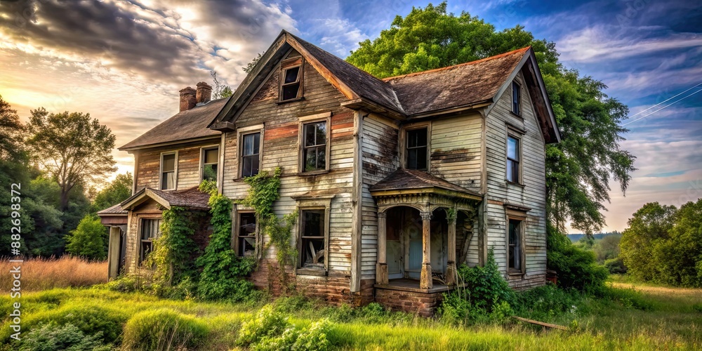 Creepy old abandoned house with broken windows and overgrown yard, abandoned, eerie, spooky, haunted, derelict, decay Creepy old abandoned house with broken windows and overgrown yard, abandoned, eerie, spooky, haunted, derelict, decay