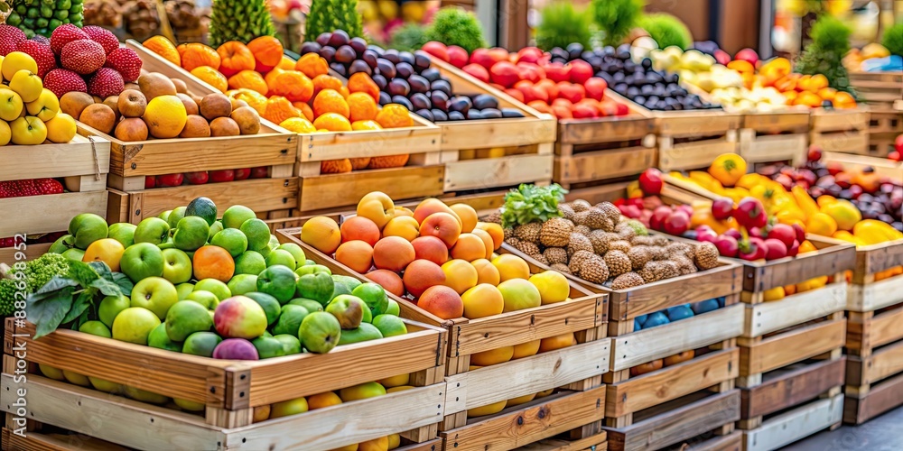 Obraz premium Fresh fruits displayed on wooden crates at the market, market, fresh, fruits, wooden crates, organic, healthy, colorful