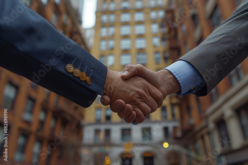 businessman handshake,buildings background,closeup,front view 