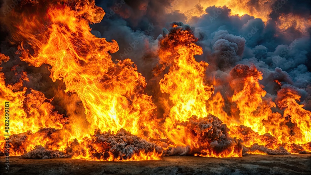 Fiery flames from burning fossil fuels , fire, flames, pollution, environment, global warming, carbon emissions, smoke, danger Fiery flames from burning fossil fuels , fire, flames, pollution, environment, global warming, carbon emissions, smoke, danger