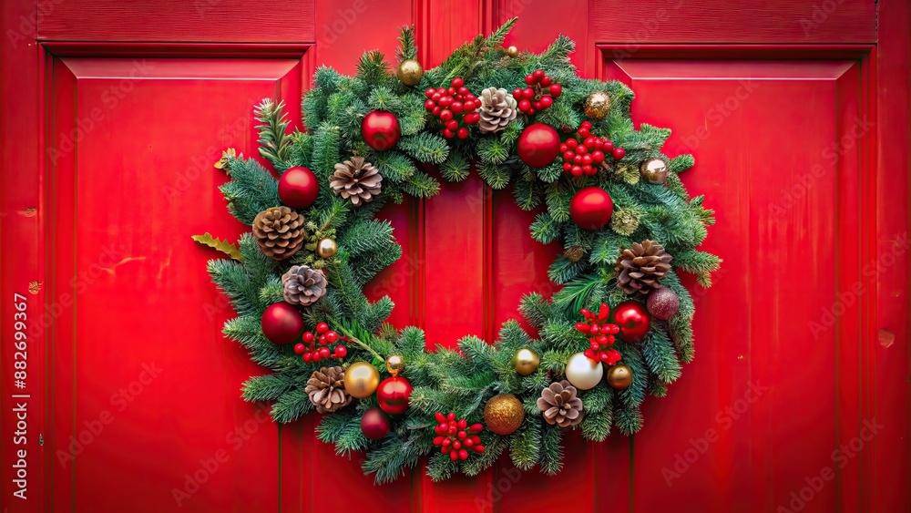 Festive Christmas wreath hanging on a red door, holiday, decoration, wreath, door, entrance, December, winter, traditional, festive Festive Christmas wreath hanging on a red door, holiday, decoration, wreath, door, entrance, December, winter, traditional, festive