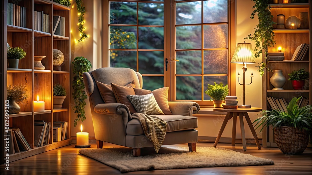Cozy reading nook with soft ambient light and inviting setting , cozy, reading nook, soft light, ambient, inviting Cozy reading nook with soft ambient light and inviting setting , cozy, reading nook, soft light, ambient, inviting