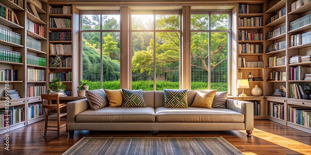 Cozy sofa by large windows with bookshelves and natural light, sofa, books, large windows, home decor Cozy sofa by large windows with bookshelves and natural light, sofa, books, large windows, home decor