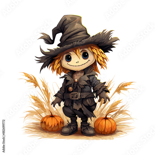 a player design of a charismatic cartoon scarecrow giving out candy, made of cute stitched texture