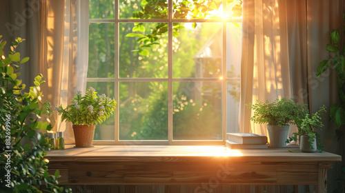 Sunlit Windowsill with Plants and Books.