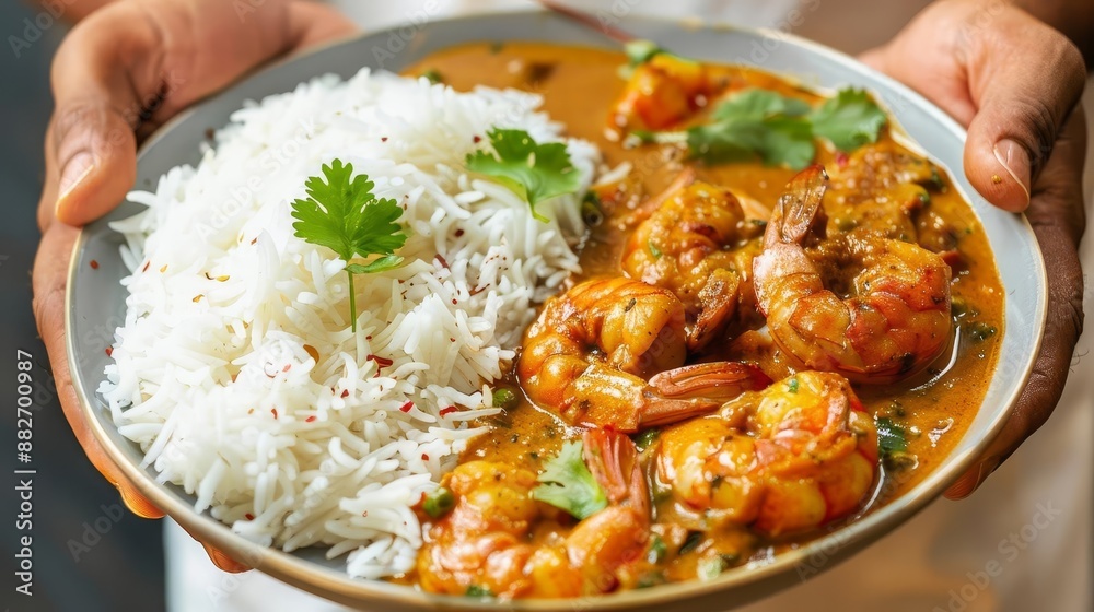Chef presenting a dish of prawn curry with steamed rice, Indian Food Serve, Seafood Delight Chef presenting a dish of prawn curry with steamed rice, Indian Food Serve, Seafood Delight