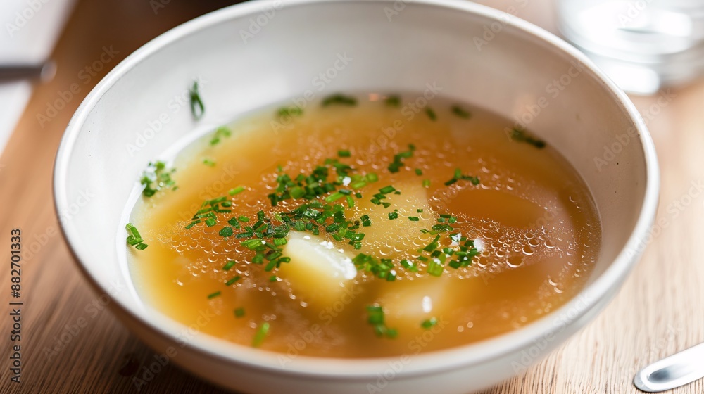 Food for convalescent patients, A bowl of clear vegetable broth with soft, small pieces of potato and leek Food for convalescent patients, A bowl of clear vegetable broth with soft, small pieces of potato and leek