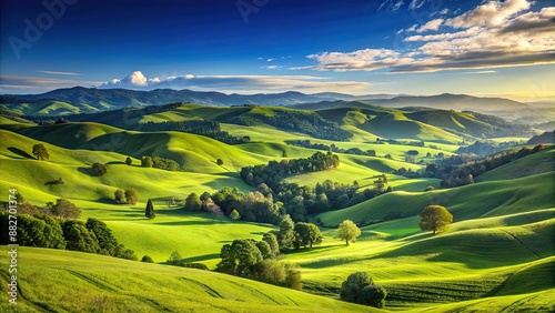 Mountain green valley landscape with rolling hills and clear blue sky , mountain, green, valley, landscape, hills, panorama