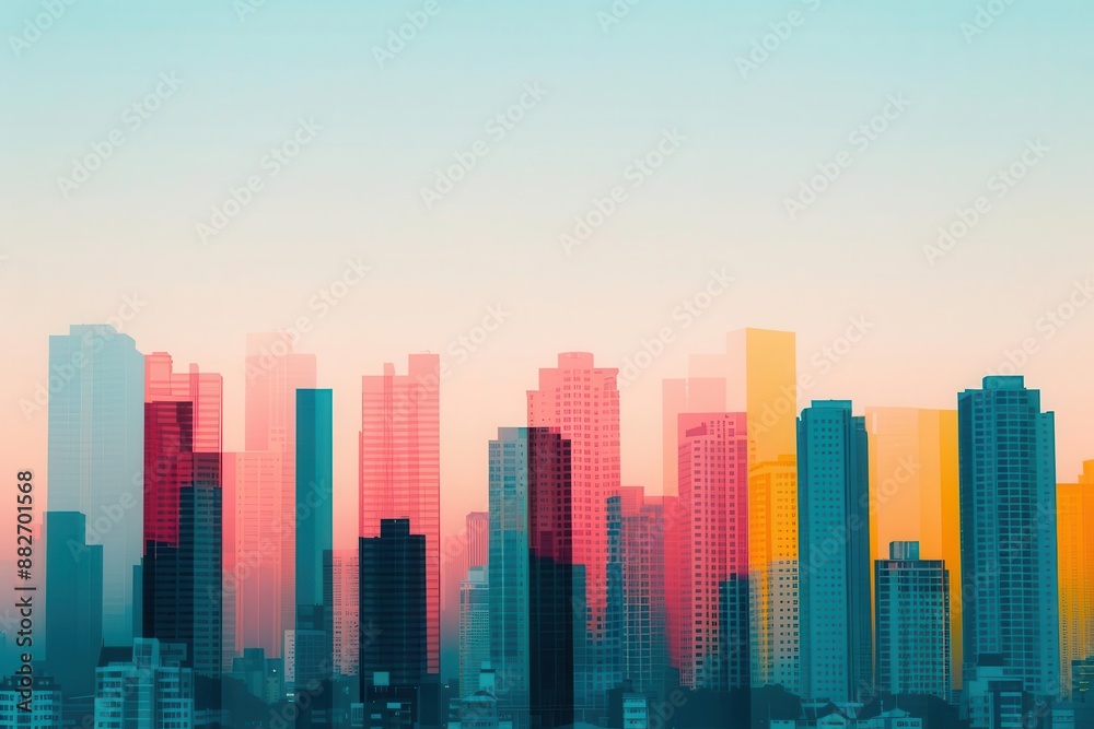 Fototapeta premium Close-up of successful business with real estate assets, featuring striking colors and copy space. Double exposure with silhouettes of high-rise buildings.