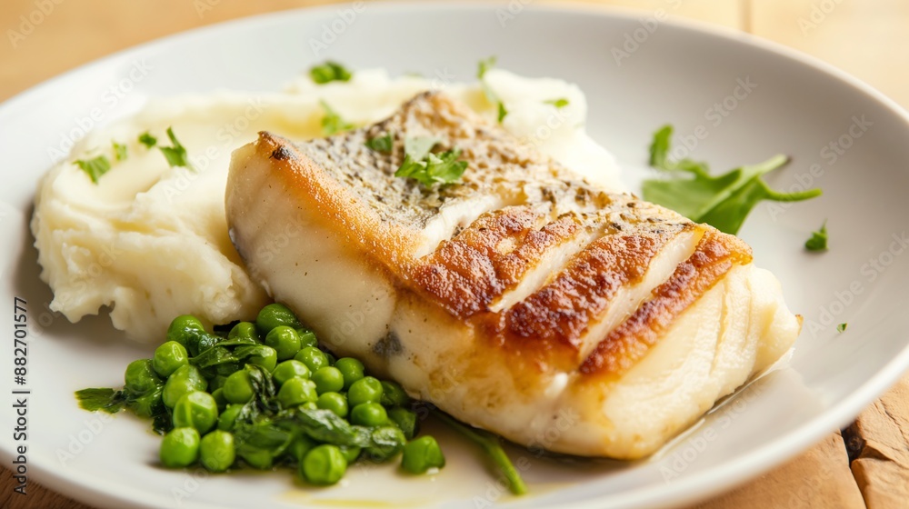 Food for convalescent patients, A serving of tender, boiled fish with a side of mashed peas Food for convalescent patients, A serving of tender, boiled fish with a side of mashed peas