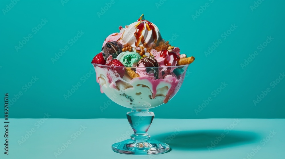 a single ice cream sundae bowl with all sorts of toppings on a teal background a single ice cream sundae bowl with all sorts of toppings on a teal background