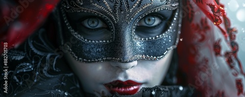 Mysterious woman in ornate mask, eyes piercing through the disguise.