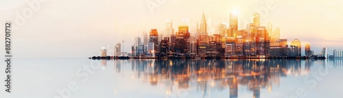 Panoramic view of a modern city skyline reflected in water at sunrise, showcasing urban architecture and city life.