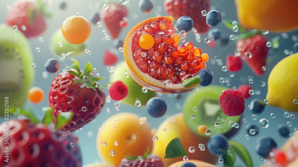 Vibrant Assortment of Fresh Fruits Floating in Water with Bubbles - Strawberries, Oranges, Blueberries, and More Vibrant Assortment of Fresh Fruits Floating in Water with Bubbles - Strawberries, Oranges, Blueberries, and More