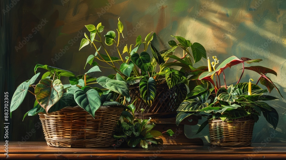 An artistic display of home plants in wicker baskets on a wooden table, including prayer plants and philodendrons, set against a dimly lit background. An artistic display of home plants in wicker baskets on a wooden table, including prayer plants and philodendrons, set against a dimly lit background.