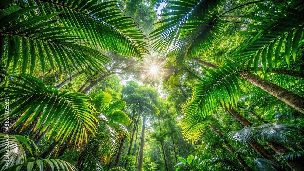Lush tropical rainforest canopy providing shade and shelter, tropical, rainforest, lush, greenery, foliage, canopy, shelter