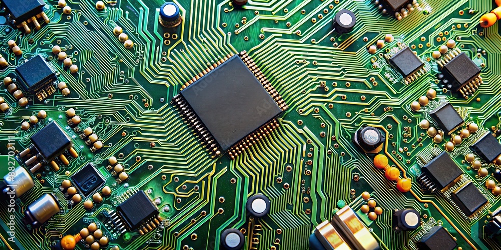 Fototapeta premium Electronic circuit board with various components and pathways, technology, motherboard, electronics, PCB