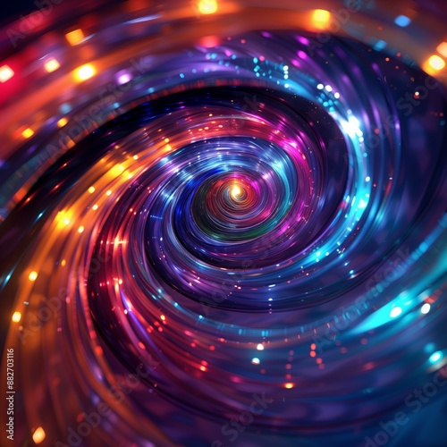 A colorful abstract vortex swirling with vibrant lights in a dynamic, hypnotic pattern, creating a mesmerizing visual effect.