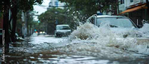 Devastating hurricane floods city streets, homes, and buildings in urban areas, causing widespread destruction.