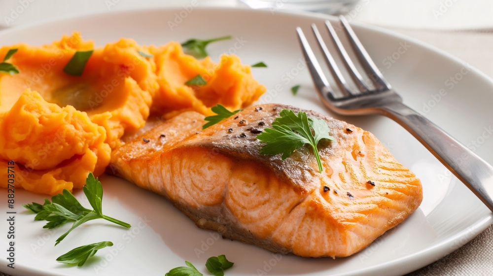 Food for convalescent patients, A plate of steamed salmon with a side of soft, mashed sweet potatoes Food for convalescent patients, A plate of steamed salmon with a side of soft, mashed sweet potatoes