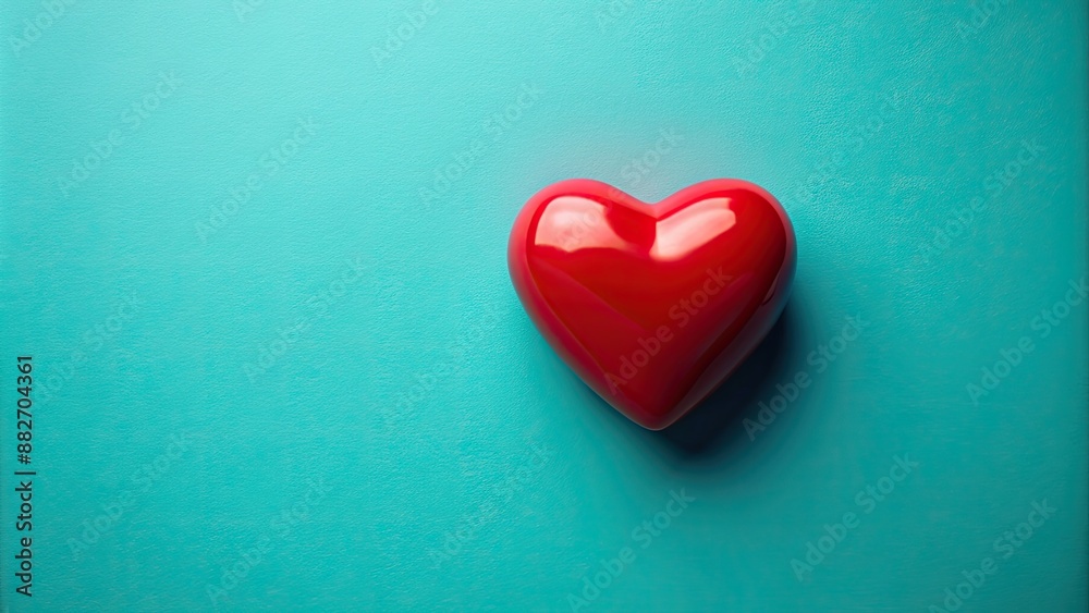 Image of a single red love heart symbol isolated on a turquoise background, love, heart, symbol, romance, affection Image of a single red love heart symbol isolated on a turquoise background, love, heart, symbol, romance, affection