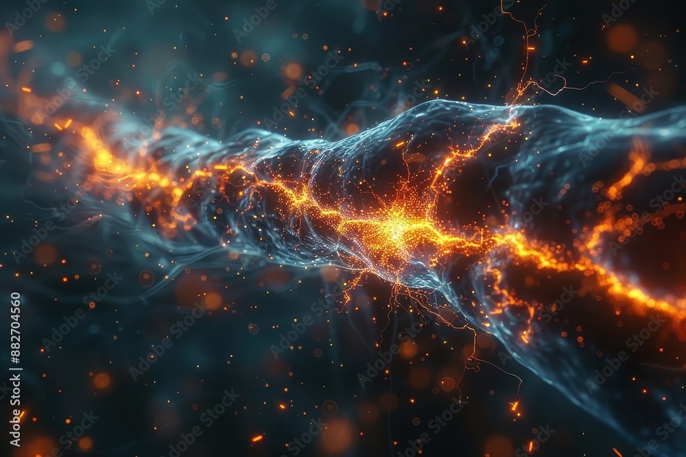 Obraz premium Microscopic view of inflamed sciatic nerve, pain as electrical sparks.