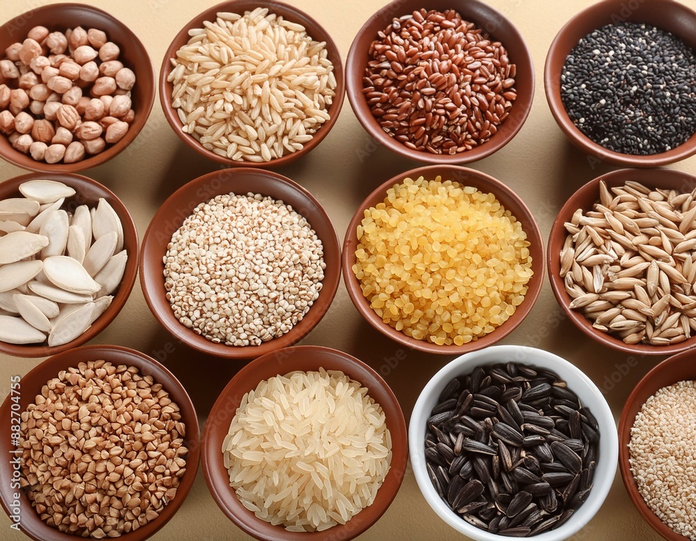 Nutritious Whole Grains: Brown Rice, Quinoa, Oats, Barley Arranged in Bowls Nutritious Whole Grains: Brown Rice, Quinoa, Oats, Barley Arranged in Bowls