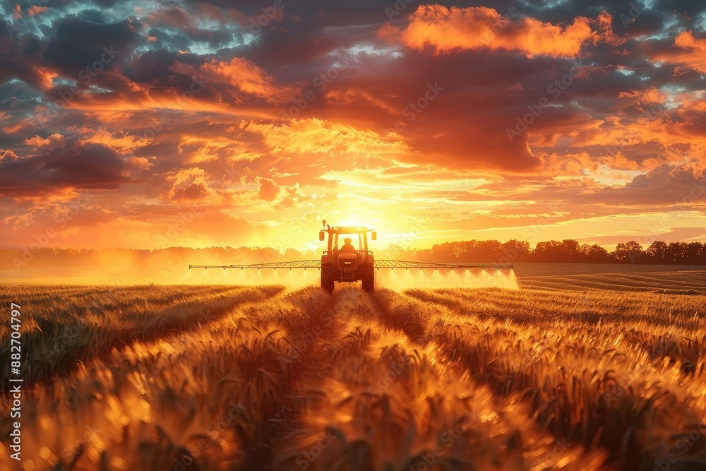 Fototapeta premium Tractor spraying pesticides in a field at sunset.