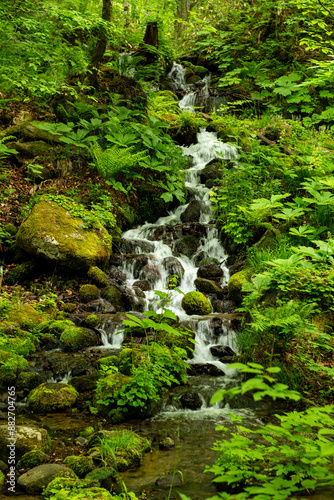 大きな岩と石ころを流れる山水