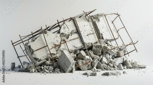 Large concrete debris from a building with exposed metal bars on a white surface