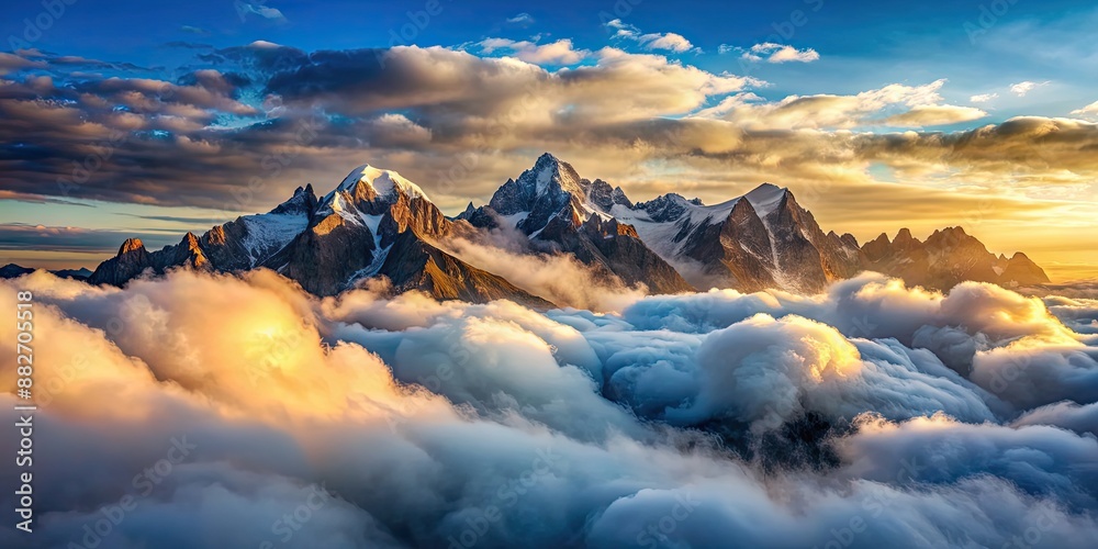 Majestic view of fluffy clouds hovering over towering mountains , clouds, mountains, sky, nature, scenery, landscape Majestic view of fluffy clouds hovering over towering mountains , clouds, mountains, sky, nature, scenery, landscape