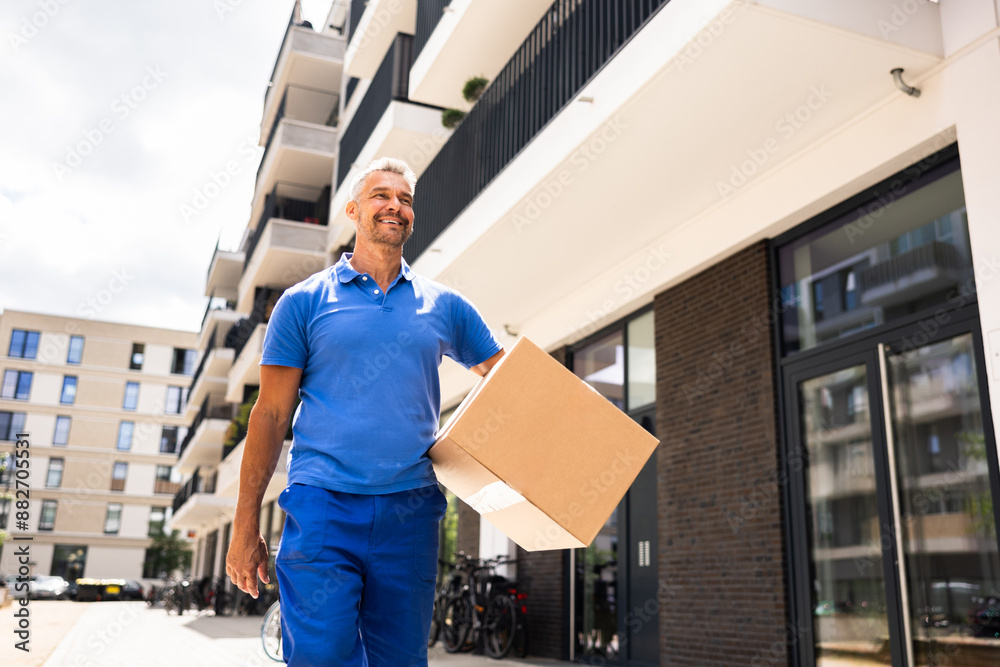 Fototapeta premium Delivery man in uniform stands proudly by his van holding a parcel