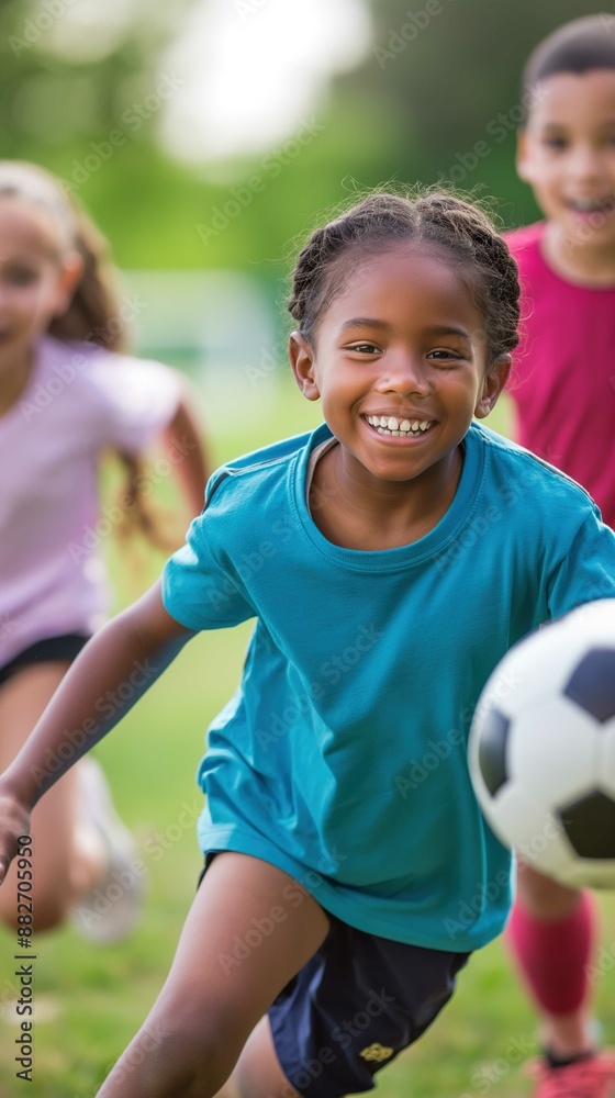 A group of children is running and playing soccer on a grassy field. The main focus is on a young child in a blue shirt who is smiling widely and about to kick a soccer ball. In the background, other A group of children is running and playing soccer on a grassy field. The main focus is on a young child in a blue shirt who is smiling widely and about to kick a soccer ball. In the background, other
