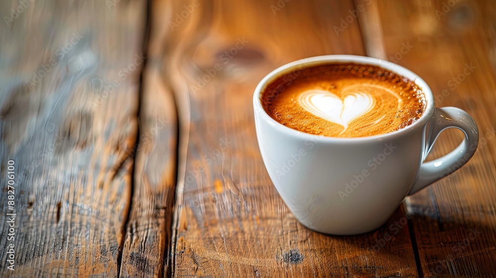 Close up white coffee cup with heart shape latte art on wood tab Close up white coffee cup with heart shape latte art on wood tab